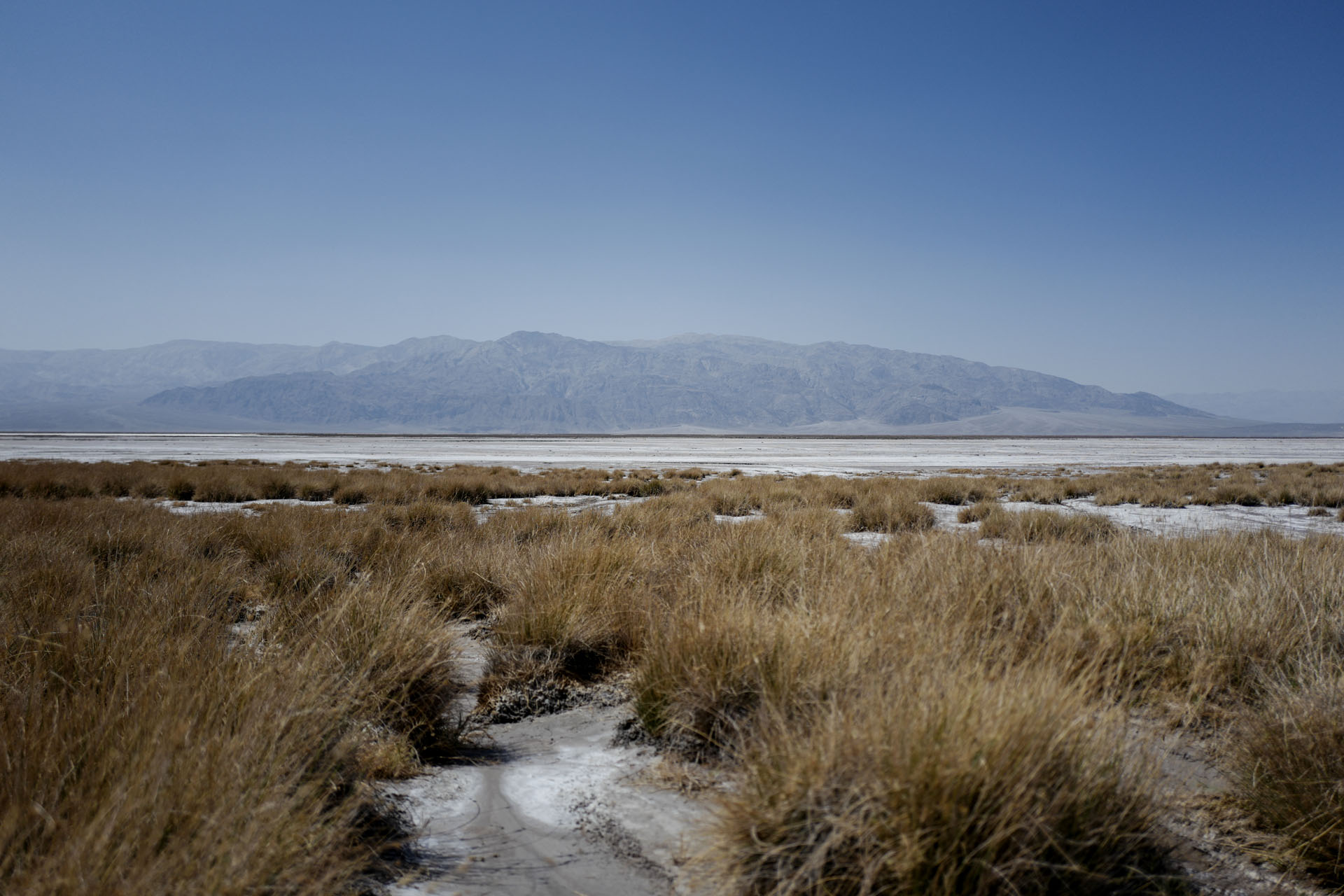 Blick über die trocken Ebene des Death Valleys auf die umliegende Bergkette
